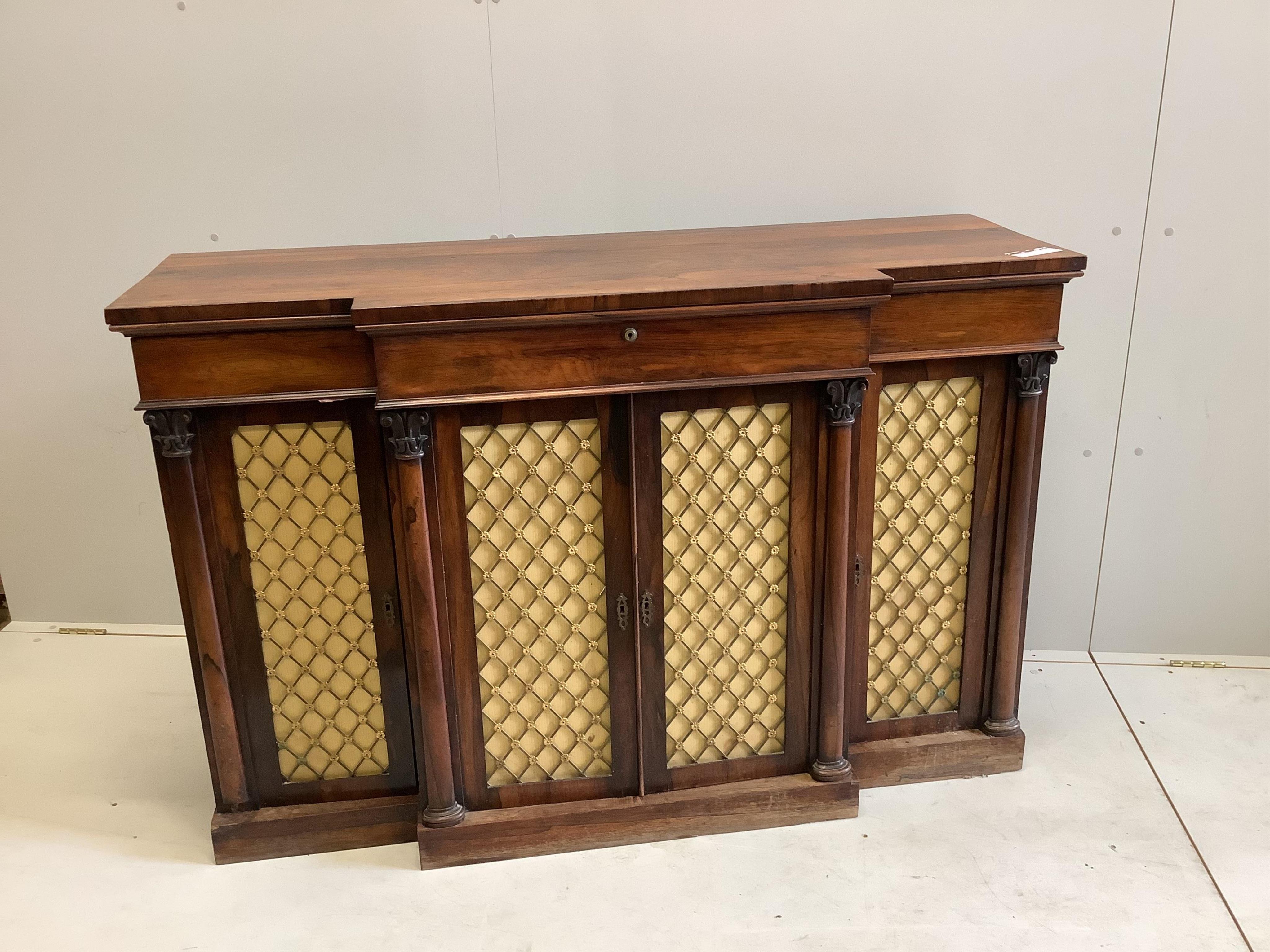 A William IV rosewood breakfront side cabinet, width 141cm, depth 49cm, height 93cm. Condition - fair